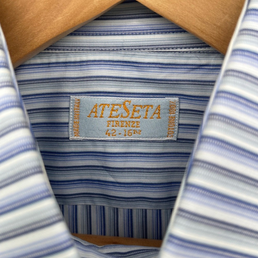 Vintage Lot 2 Ateseta Firenze Mens Dress Shirts 16.5 42 Blue Striped Solid Italy - Picture 6 of 16